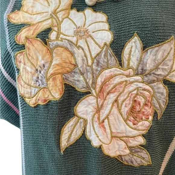 Vintage 80s Calico Floral Appliqué Sweater Top Cottagecore Preppy Knit Blouse - Picture 4 of 8